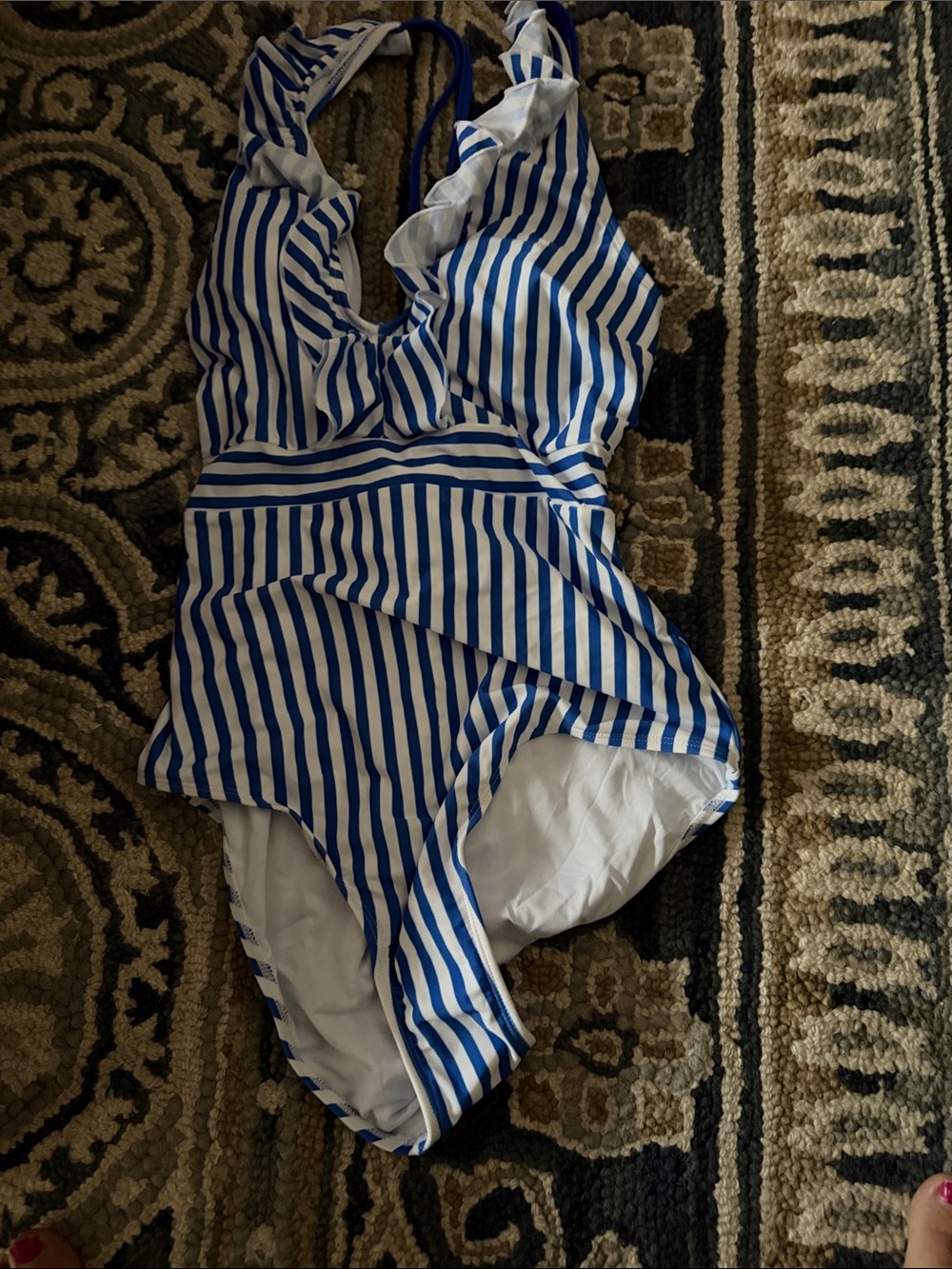 Cupshe Blue and White Striped Ruffle One-Piece Swimsuit
